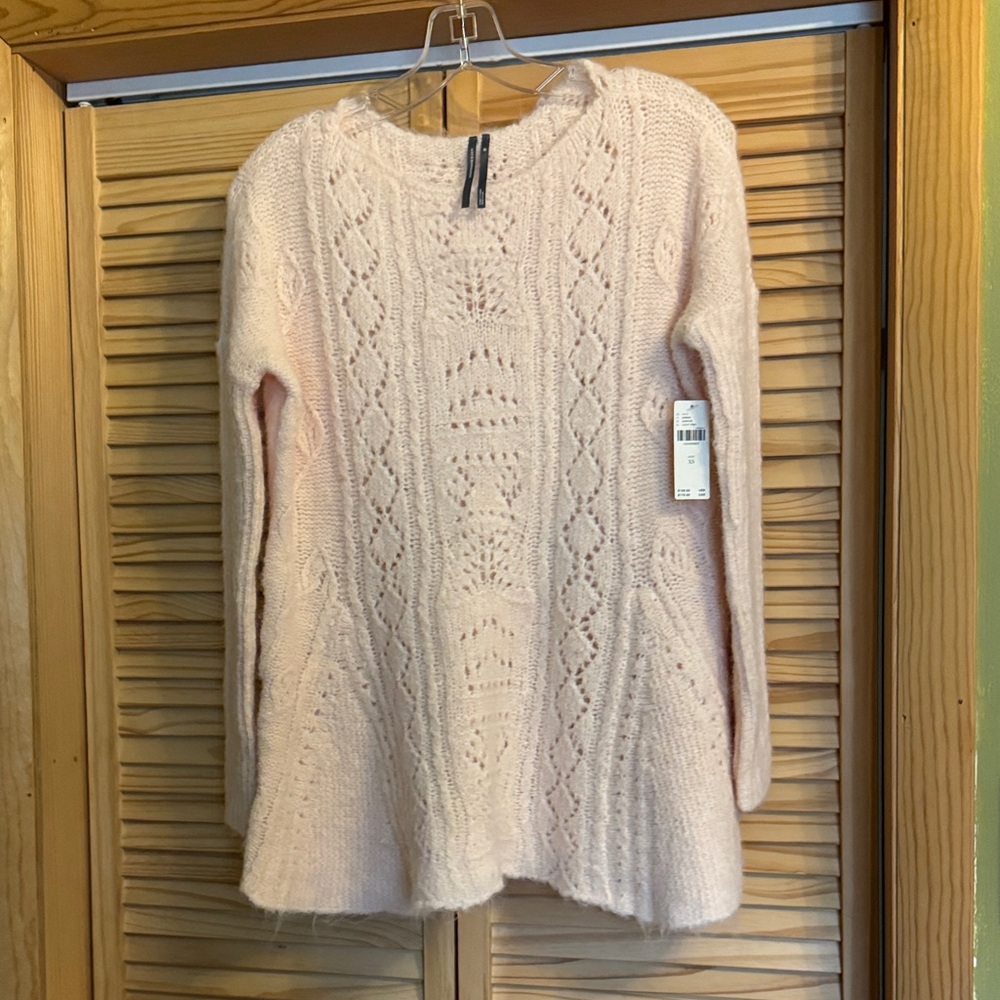 Anthropologie Pale Pink Cable & Lace Knit Crew Sweater